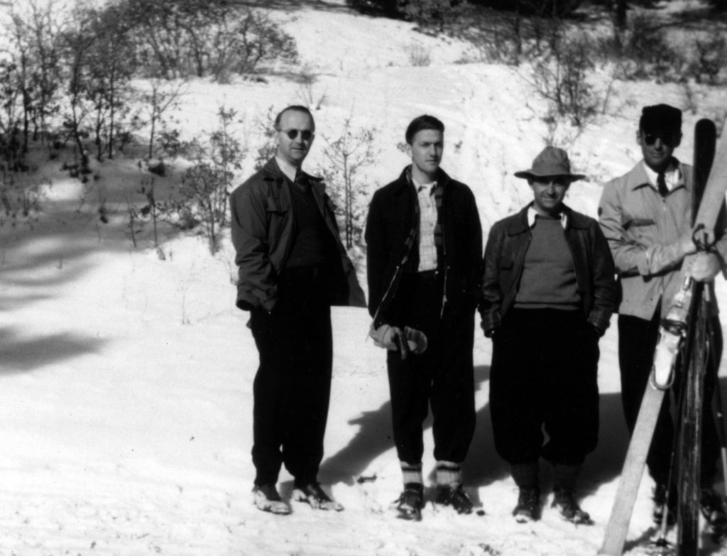 Enrico Fermi and colleagues skiiing. Photo courtesy of Los Alamos National Laboratory.